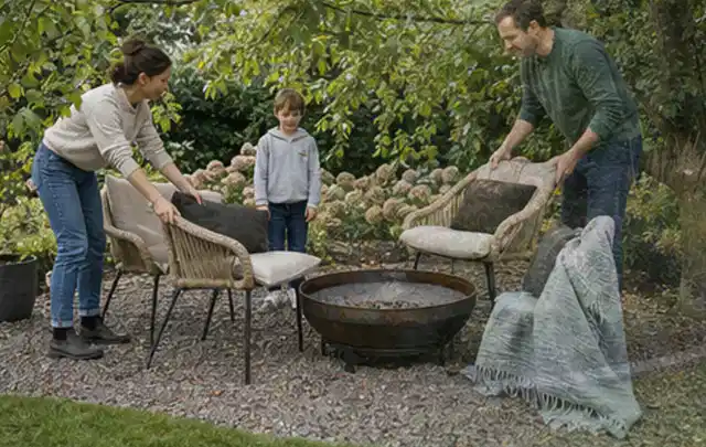 Familie stellt wetterfeste Sessel an einem geschützten Sitzplatz im Garten auf; Thema Gartenbeleuchtung, Schwerpunkt Bestenliste; Kontrolle.
