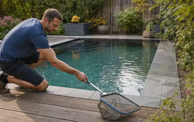 Person entfernt Blätter mit einem Kescher aus einem kleinen Gartenpool; Thema Gartenbeleuchtung, Schwerpunkt Bestenliste; Ergebnis.