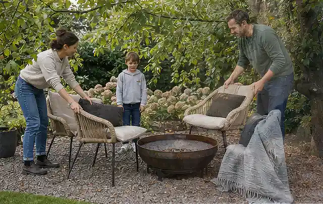Familie stellt wetterfeste Sessel an einem geschützten Sitzplatz im Garten auf; Thema Gartenbeleuchtung, Schwerpunkt Checkliste; Ausgangslage.