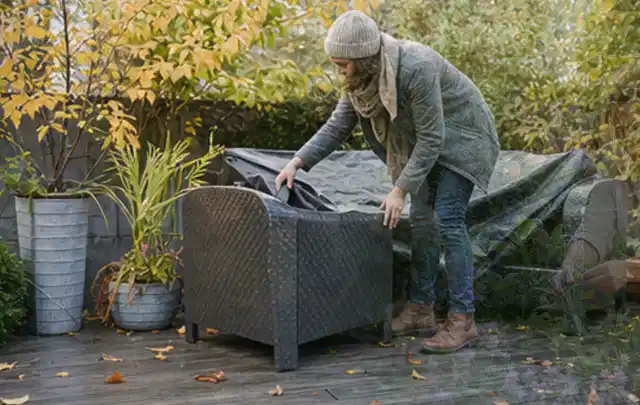 Person deckt Gartenmöbel vor der kalten Jahreszeit sorgfältig ab; Thema Gartenbeleuchtung, Schwerpunkt Dimensionierung; Ergebnis.