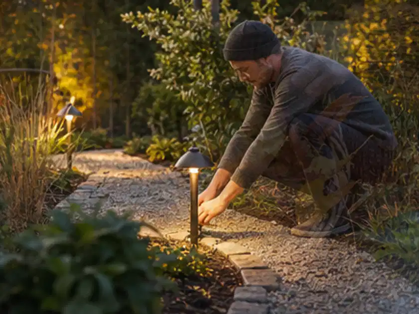 Person richtet eine niedrige warm leuchtende Gartenlampe am Kiesweg aus; Thema Gartenbeleuchtung, Schwerpunkt Ersatzteile; Titelbild.