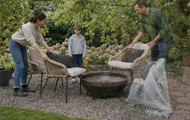 Familie stellt wetterfeste Sessel an einem geschützten Sitzplatz im Garten auf; Thema Gartenbeleuchtung, Schwerpunkt Fehlerhilfe; Ergebnis.