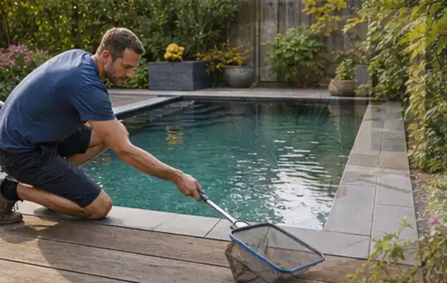 Person entfernt Blätter mit einem Kescher aus einem kleinen Gartenpool; Thema Gartenbeleuchtung, Schwerpunkt Gärten mit großer Fläche; Praxisalltag.