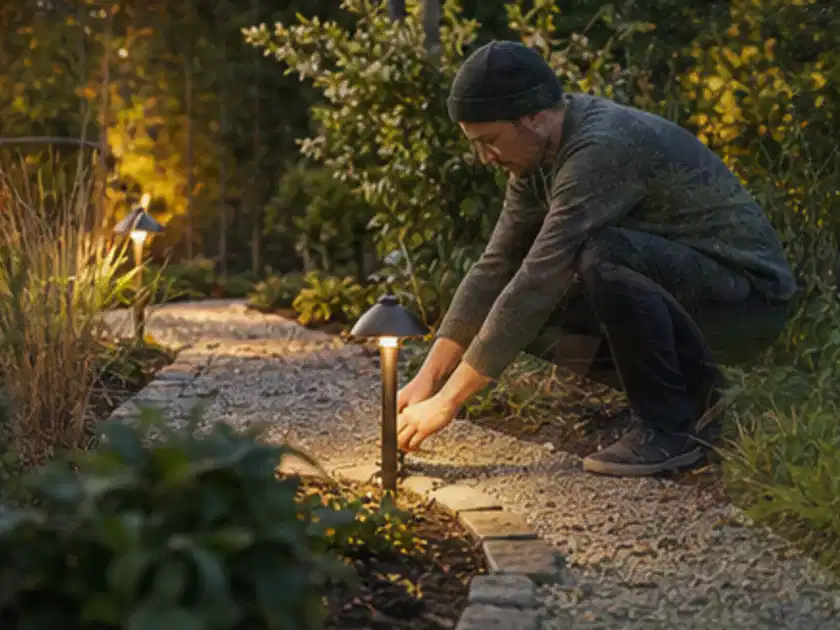 Person richtet eine niedrige warm leuchtende Gartenlampe am Kiesweg aus; Thema Gartenbeleuchtung, Schwerpunkt Gärten mit kleiner Fläche; Titelbild.