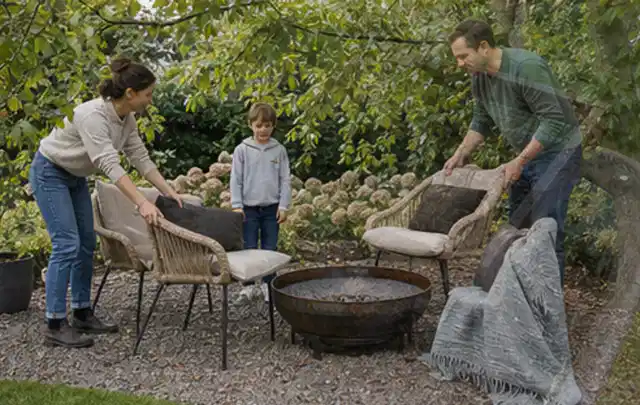Familie stellt wetterfeste Sessel an einem geschützten Sitzplatz im Garten auf; Thema Gartenbeleuchtung, Schwerpunkt Gärten mit kleiner Fläche; Kontrolle.