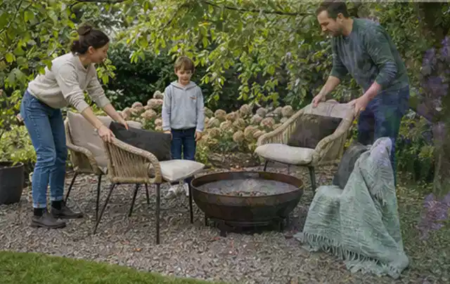 Familie stellt wetterfeste Sessel an einem geschützten Sitzplatz im Garten auf; Thema Gartenbeleuchtung, Schwerpunkt Kaufberatung; Ausgangslage.