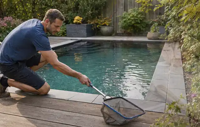 Person entfernt Blätter mit einem Kescher aus einem kleinen Gartenpool; Thema Gartenbeleuchtung, Schwerpunkt Kosten; Praxisalltag.