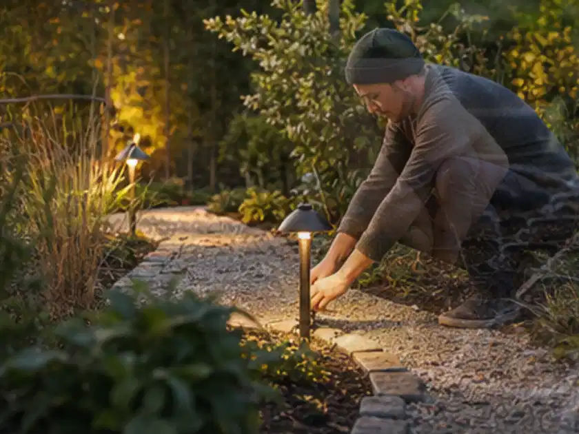 Person richtet eine niedrige warm leuchtende Gartenlampe am Kiesweg aus; Thema Gartenbeleuchtung, Schwerpunkt Leistung; Titelbild.