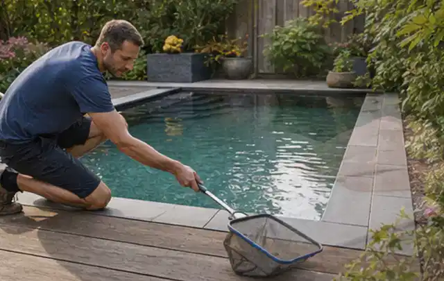 Person entfernt Blätter mit einem Kescher aus einem kleinen Gartenpool; Thema Gartenbeleuchtung, Schwerpunkt Leistung; Ergebnis.