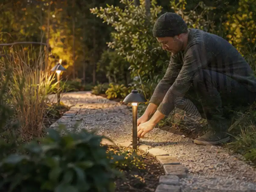 Person richtet eine niedrige warm leuchtende Gartenlampe am Kiesweg aus; Thema Gartenbeleuchtung, Schwerpunkt Nachhaltigkeit; Titelbild.