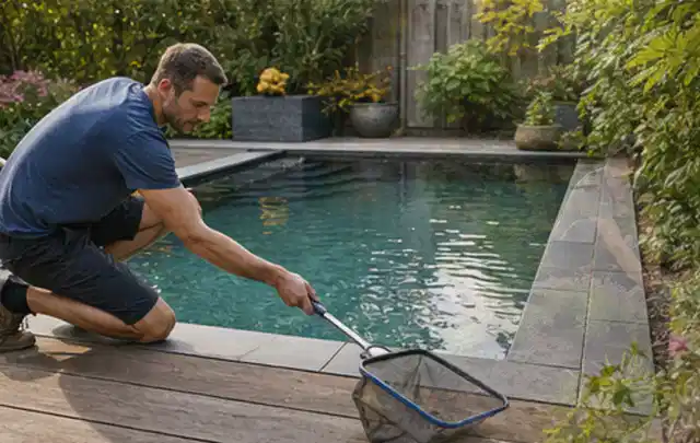 Person entfernt Blätter mit einem Kescher aus einem kleinen Gartenpool; Thema Gartenbeleuchtung, Schwerpunkt Nachhaltigkeit; Ausgangslage.