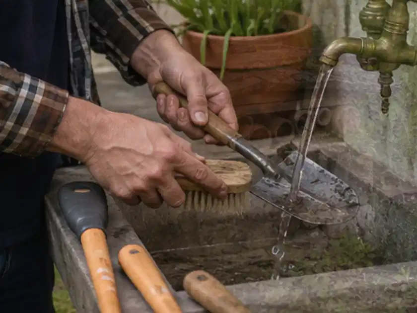 Hände reinigen gebrauchte Gartengeräte mit Bürste und Wasser am Außenbecken; Thema Gartenbeleuchtung, Schwerpunkt Reinigung; Titelbild.