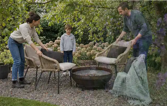 Familie stellt wetterfeste Sessel an einem geschützten Sitzplatz im Garten auf; Thema Gartenbeleuchtung, Schwerpunkt Reparatur; Umsetzung.