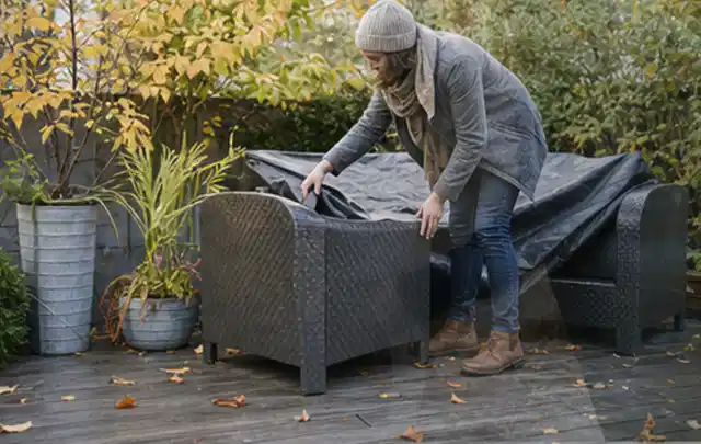 Person deckt Gartenmöbel vor der kalten Jahreszeit sorgfältig ab; Thema Gartenbeleuchtung, Schwerpunkt Reparatur; Kontrolle.