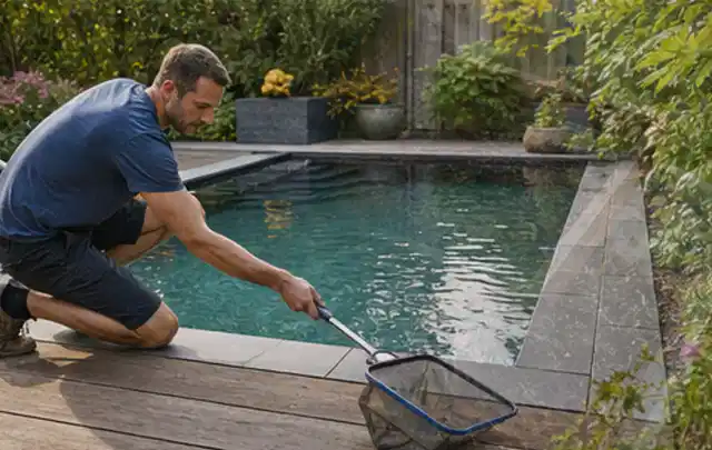 Person entfernt Blätter mit einem Kescher aus einem kleinen Gartenpool; Thema Gartenbeleuchtung, Schwerpunkt Reparatur; Praxisalltag.