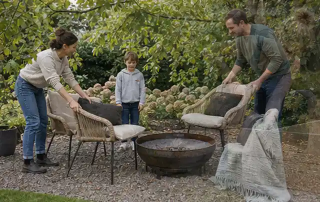 Familie stellt wetterfeste Sessel an einem geschützten Sitzplatz im Garten auf; Thema Gartenbeleuchtung, Schwerpunkt Systemvergleich; Kontrolle.