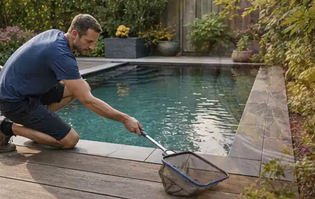 Person entfernt Blätter mit einem Kescher aus einem kleinen Gartenpool; Thema Gartenbeleuchtung, Schwerpunkt Testkriterien; Ausgangslage.