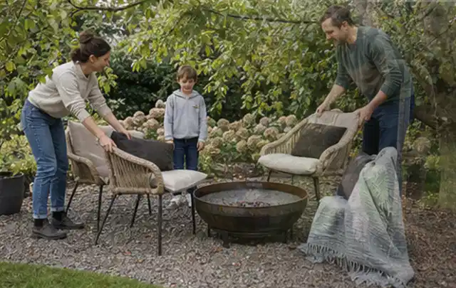 Familie stellt wetterfeste Sessel an einem geschützten Sitzplatz im Garten auf; Thema Gartenbeleuchtung, Schwerpunkt Testkriterien; Kontrolle.