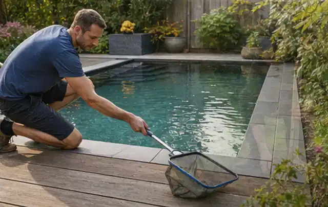 Person entfernt Blätter mit einem Kescher aus einem kleinen Gartenpool; Thema Gartenbeleuchtung, Schwerpunkt Vergleich; Umsetzung.