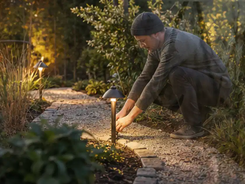 Person richtet eine niedrige warm leuchtende Gartenlampe am Kiesweg aus; Thema Gartenbeleuchtung, Schwerpunkt Wartung; Titelbild.
