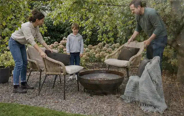 Familie stellt wetterfeste Sessel an einem geschützten Sitzplatz im Garten auf; Thema Gartenbeleuchtung, Schwerpunkt Wartung; Ausgangslage.