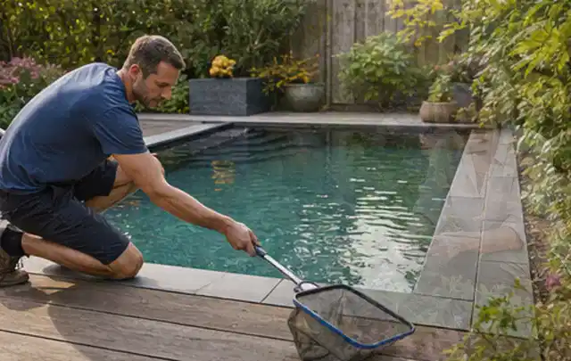 Person entfernt Blätter mit einem Kescher aus einem kleinen Gartenpool; Thema Gartenbeleuchtung, Schwerpunkt Wartung; Umsetzung.