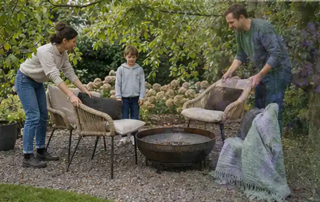 Familie stellt wetterfeste Sessel an einem geschützten Sitzplatz im Garten auf; Thema Gartenbeleuchtung, Schwerpunkt Winterlager; Praxisalltag.