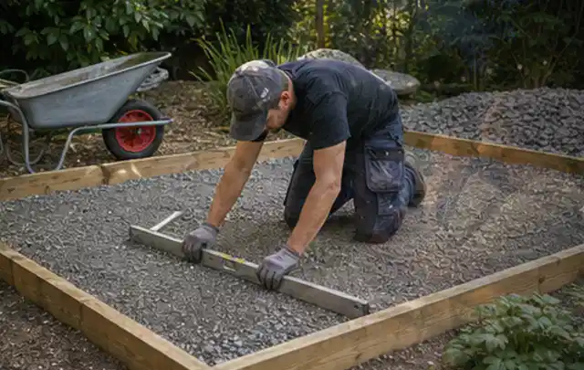 Person richtet eine verdichtete Kiesfläche mit Wasserwaage und Abziehlatte aus; Thema Gartenhäuser, Schwerpunkt Gartenwissen; Umsetzung.