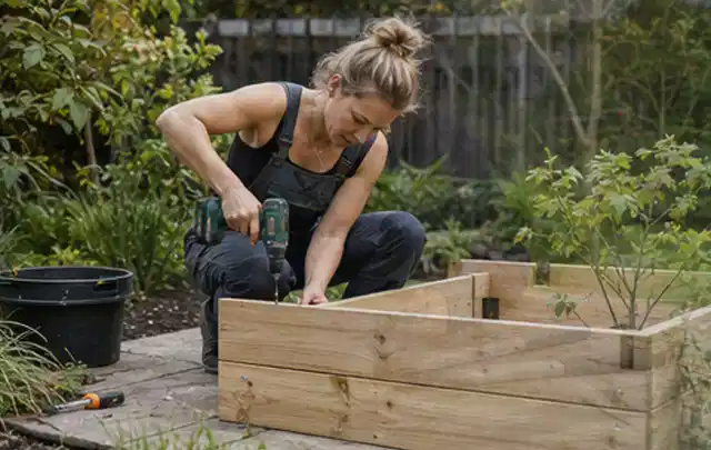 Person montiert ein massives Hochbeet aus unbehandeltem Holz im Garten; Thema Gartenhäuser, Schwerpunkt Gartenwissen; Kontrolle.