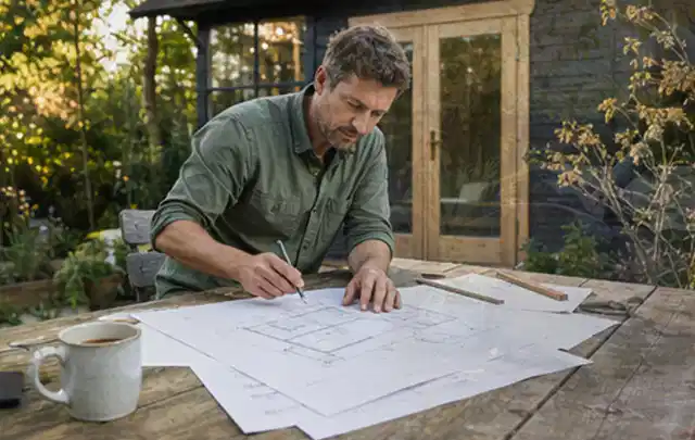 Person prüft Bauzeichnungen an einem Gartentisch vor einem kleinen Gartenhaus; Thema Gartenhäuser, Schwerpunkt Gartenwissen; Ergebnis.
