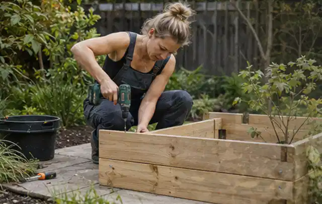 Person montiert ein massives Hochbeet aus unbehandeltem Holz im Garten; Thema Gartenhäuser, Schwerpunkt Themenwelt; Ausgangslage.