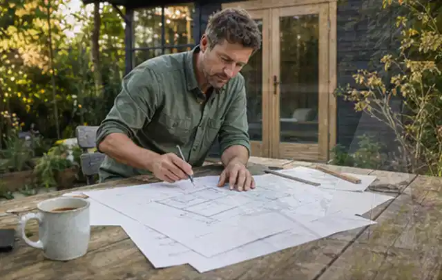 Person prüft Bauzeichnungen an einem Gartentisch vor einem kleinen Gartenhaus; Thema Gartenhäuser, Schwerpunkt Themenwelt; Umsetzung.