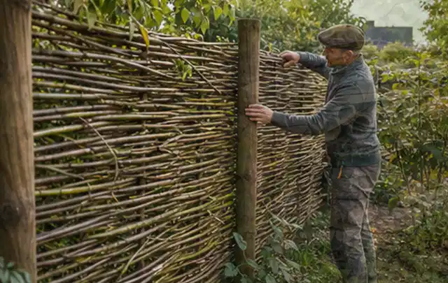 Person befestigt geflochtene Weidenruten an stabilen Holzpfosten im Garten; Thema Gartenhäuser, Schwerpunkt Themenwelt; Kontrolle.