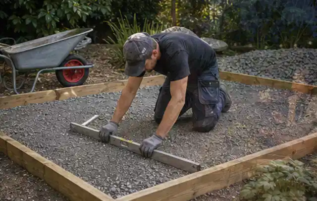 Person richtet eine verdichtete Kiesfläche mit Wasserwaage und Abziehlatte aus; Thema Gartenhaus Aufbau, Schwerpunkt Checkliste; Ausgangslage.