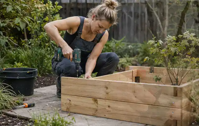 Person montiert ein massives Hochbeet aus unbehandeltem Holz im Garten; Thema Gartenhaus Aufbau, Schwerpunkt Checkliste; Ergebnis.