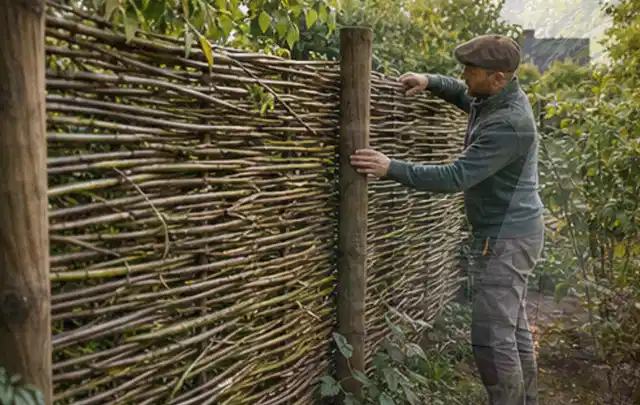 Person befestigt geflochtene Weidenruten an stabilen Holzpfosten im Garten; Thema Gartenhaus Aufbau, Schwerpunkt Fehlerhilfe; Ausgangslage.