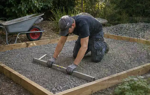 Person richtet eine verdichtete Kiesfläche mit Wasserwaage und Abziehlatte aus; Thema Gartenhaus Aufbau, Schwerpunkt Fehlerhilfe; Praxisalltag.
