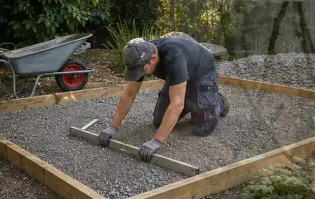 Person richtet eine verdichtete Kiesfläche mit Wasserwaage und Abziehlatte aus; Thema Gartenhaus Aufbau, Schwerpunkt Gartenhäuser; Kontrolle.