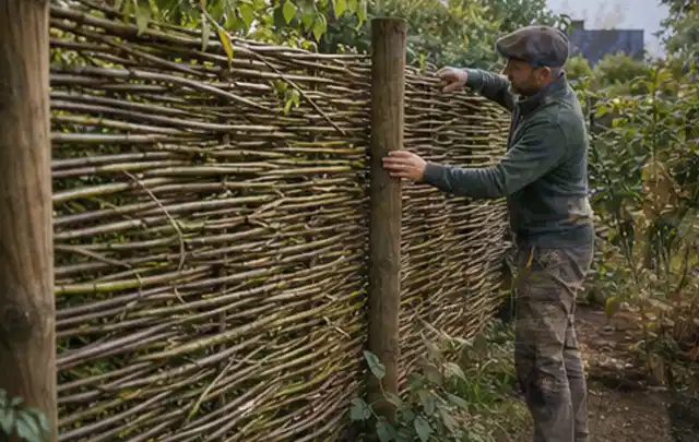 Person befestigt geflochtene Weidenruten an stabilen Holzpfosten im Garten; Thema Gartenhaus Aufbau, Schwerpunkt Gartenhäuser; Ergebnis.