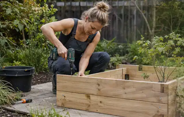Person montiert ein massives Hochbeet aus unbehandeltem Holz im Garten; Thema Gartenhaus Aufbau, Schwerpunkt Kosten; Ausgangslage.