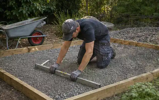 Person richtet eine verdichtete Kiesfläche mit Wasserwaage und Abziehlatte aus; Thema Gartenhaus Aufbau, Schwerpunkt Kosten; Kontrolle.