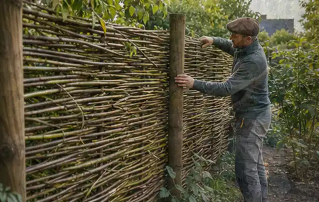 Person befestigt geflochtene Weidenruten an stabilen Holzpfosten im Garten; Thema Gartenhaus Aufbau, Schwerpunkt Kosten; Ergebnis.