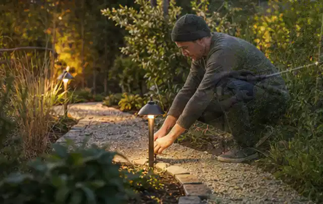 Person richtet eine niedrige warm leuchtende Gartenlampe am Kiesweg aus; Thema Gartenhaus Aufbau, Schwerpunkt Kosten; Praxisalltag.