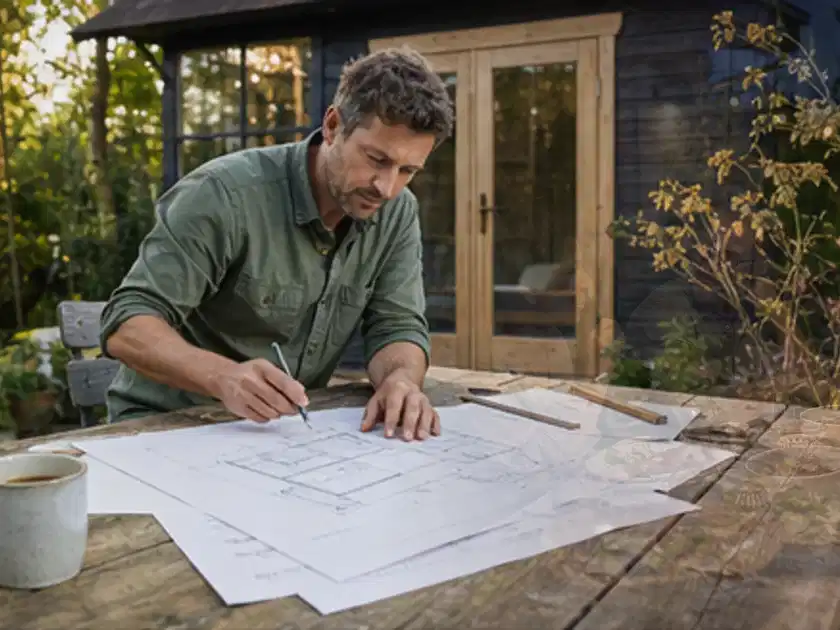 Person prüft Bauzeichnungen an einem Gartentisch vor einem kleinen Gartenhaus; Thema Gartenhaus Aufbau, Schwerpunkt Materialwahl; Titelbild.