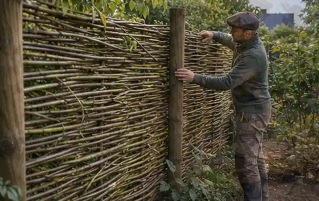 Person befestigt geflochtene Weidenruten an stabilen Holzpfosten im Garten; Thema Gartenhaus Aufbau, Schwerpunkt Materialwahl; Ausgangslage.