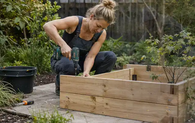 Person montiert ein massives Hochbeet aus unbehandeltem Holz im Garten; Thema Gartenhaus Aufbau, Schwerpunkt Materialwahl; Umsetzung.