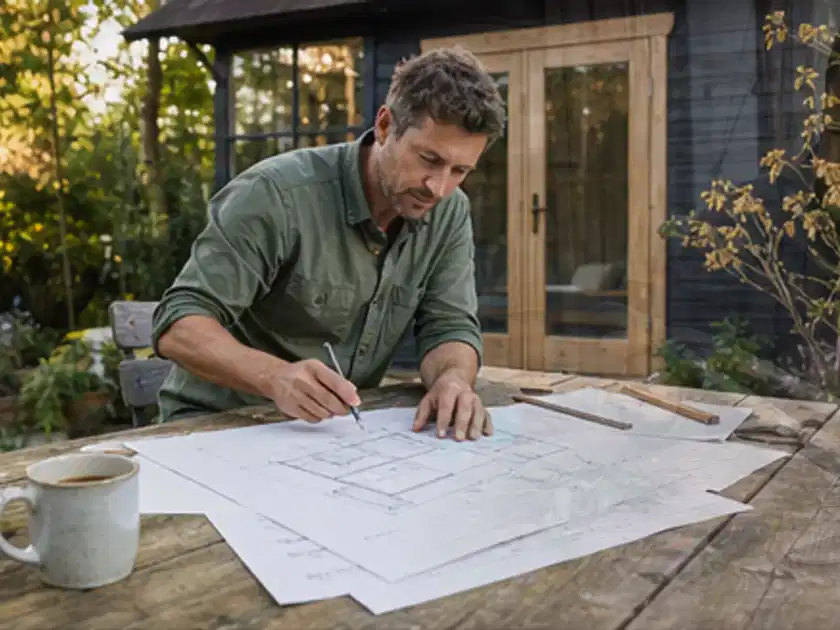 Person prüft Bauzeichnungen an einem Gartentisch vor einem kleinen Gartenhaus; Thema Gartenhaus Aufbau, Schwerpunkt Nachhaltigkeit; Titelbild.