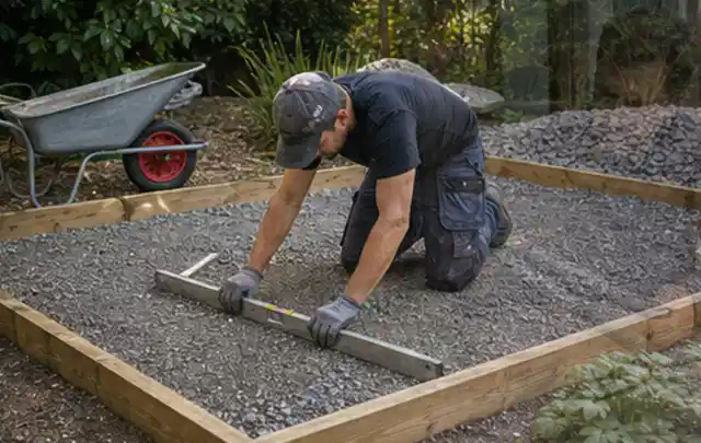 Person richtet eine verdichtete Kiesfläche mit Wasserwaage und Abziehlatte aus; Thema Gartenhaus Aufbau, Schwerpunkt Nachhaltigkeit; Ausgangslage.