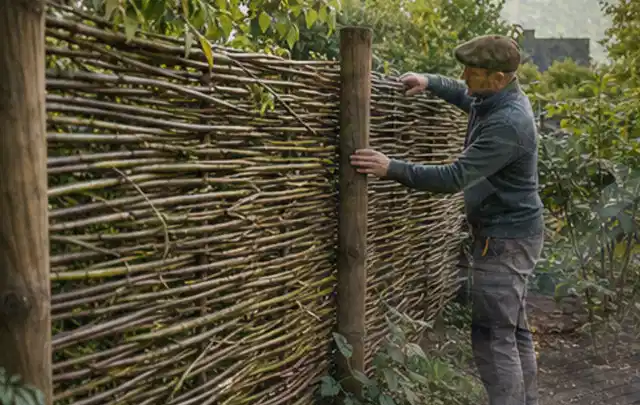 Person befestigt geflochtene Weidenruten an stabilen Holzpfosten im Garten; Thema Gartenhaus Aufbau, Schwerpunkt Nachhaltigkeit; Umsetzung.