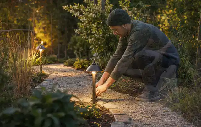 Person richtet eine niedrige warm leuchtende Gartenlampe am Kiesweg aus; Thema Gartenhaus Aufbau, Schwerpunkt Nachhaltigkeit; Ergebnis.